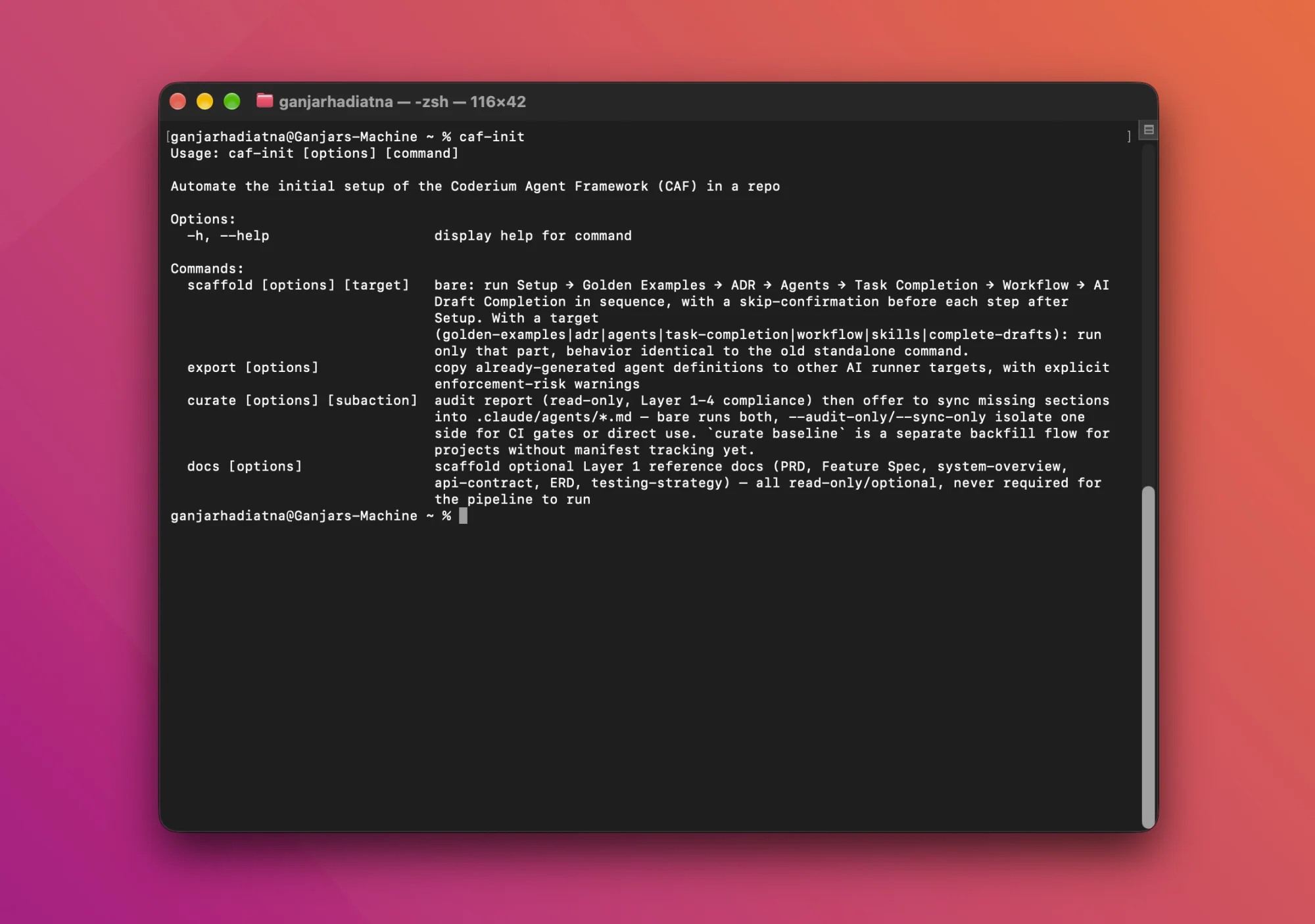 The caf-init command in a terminal, listing the scaffold, export, curate and docs commands
